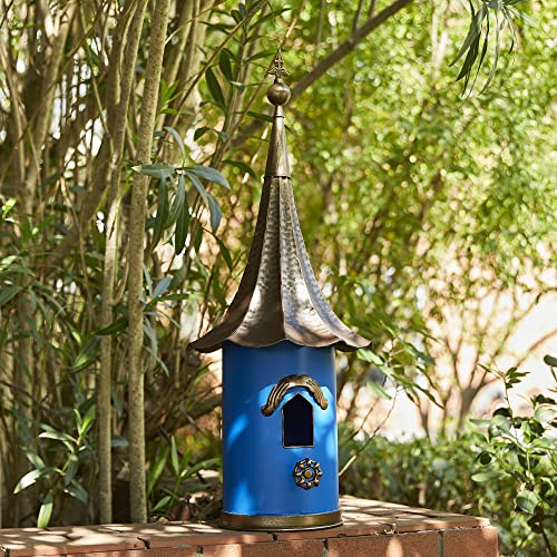 Glitzhome 32”H Metal Hanging Birdhouse for Outdoors Oversized Farmhouse Pagoda Painted Bird House with Bronze Roof for Bluebird Wren Chickadee Sparrow Bird Nest Box for Garden Patio, Retro Blue - color: Retro Blue