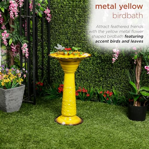 Alpine Corporation ORS112YL Vintage Metal Pedestal Birdbath with Stand, Shallow Bird Bath Bowl for Outside, 28" H, Yellow - color: Yellow