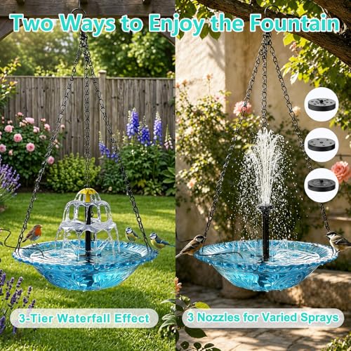 Solar Hanging Bird Bath Fountain, Solar Powered Cascading Water Fountain, Outdoor Hanging Bird Bath with Solar Fountain for Garden, Patio, Backyard