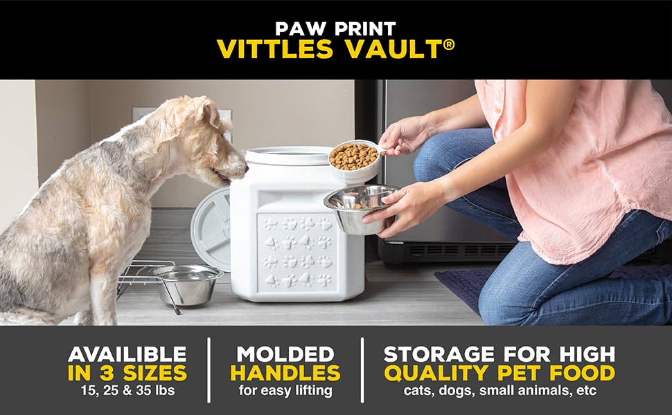 Vittles Vault Pawprint Pet Food Storage Container For Dog Food, Kibbles/Bird Seed/Oatmeal/Rice/Flour/Cereal, BPA Free, Plastic, Sealed Airtight For Cat Food, Up To 25 lb, Made in USA, With Scoop, Gray - size: 25 Pounds