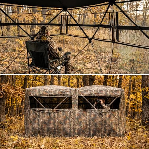 OUTLANE Hunting Blinds for Deer Turkey and Duck Hunting, Portable Hunting Tent with See Through Panels, Pop Up Ground Blind with Silent Windows, Camo Concealment, Weather Resistant Hunting Shelter - size: 116.54''x58.26''x64.96''