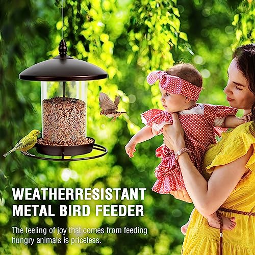 Metal Bird Feeder for Outdoors Hanging,3.0LB Seed Feeder,Easy to Fill & Clean,360° Feeding,Weatherproof Roof for Gardens and Wild Birds,Brown - color: Brown