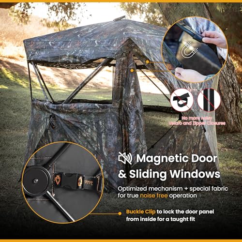 Hunting Stealth Deer Blind Shelter, Camping, Camouflage | 270° Vision 4.8x4.8 Ft Pop-up 2-3 Person See-Through, Magnetic Door, Sliding Windows and Backpack Carry Bag, Beach, Fishing