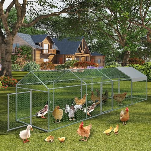 Garvee Metal Chicken Coop, Chicken Runs for Yard with Waterproof and Anti-UV Cover, 4 Door Portable Chicken Coop for Outdoor, Rabbit, Duck, Silver, 160"×40"×40" - color: silver, size: 160.0"L x 40.0"W x 40.0"H