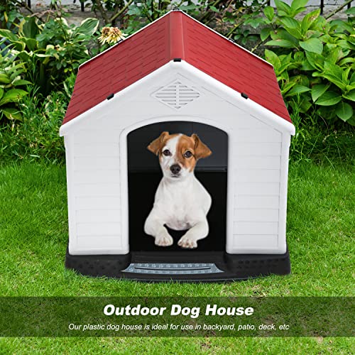 FDW Dog House Indoor Outdoor Durable Ventilate Waterproof Pet Plastic Dog House for Small Medium Large Dogs Insulated Puppy Shelter Kennel Crate with Air Vents and Elevated Floor - style: Red
