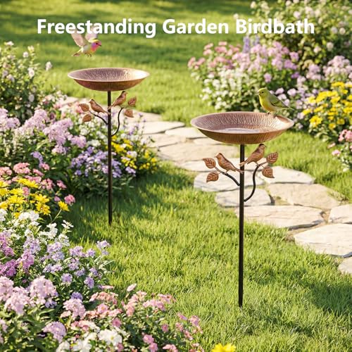 Metal Bird Bath for Outdoors, 32’’Tall 11.5’’ Diameter 2.4’’ Deep Iron Birdbaths for Outside Garden Yard Decor, Upgraded 5-Prong Base Freestanding Bird Feeder Bowl with Stake 0.8 Gallon - size: 2.4'Deep