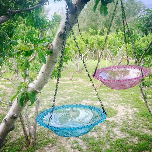 2 Pack Hanging Bird Baths Bowl Outdoor Feeder 15.8 Inch Metal Chains, Weather-Resistant Hanging Bird Feeder & Bath Tray for Garden Patio(Plastic Blue&Purple) - color: Blue&Purple
