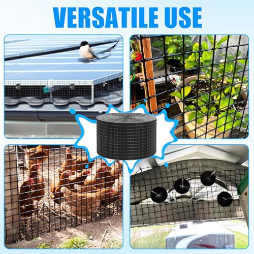 4in X 100ft Solar Panel Bird Guard - 1/2" Black PVC Mesh Galvanized Net | Rust-Resistant Net, Critter Guard for Solar Panels with 70 Fastener Clips, Gloves, Cutting Pliers - size: 4in X 100ft