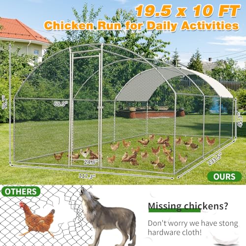 Outvita 19.5 x 10 FT Large Metal Chicken Coop Walk-in Poultry Cage | Waterproof Anti-UV Round Arch Cover and Galvanized Mesh Support Ducks, Rabbits, Hens, Yard, Backyard or Farm Use - size: 234.0"L x 120.0"W x 78.0"H