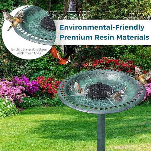 Bird Bath with Solar Fountain Tall Set - Large Resin Bird Bath for Outdoors Garden Decor - Heavy Duty Bird Baths for Clearance Made in USA - Perfect Addition to Your Backyard(Green) - color: green