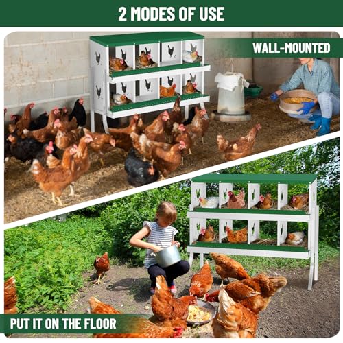 Galvanized Steel Chicken Nesting Box 10 Grids, Metal Egg Laying Boxes for Hens with Hinged Lid and Ventilated Design, Easy Clean Poultry Nest Box for Chicken Coop Accessories, Green,with Legs - color: Green, size: 10 Holes with Legs