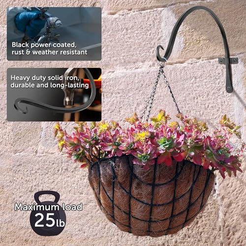 Worth Garden 6-Pack 14" Plant Hanger Bracket - Hand-Forged Wrought Iron Powder-Coated Heavy Duty Wall Hooks - Black Curved Plant Hanging Hooks for Bird Feeders, Flower Baskets, Indoor & Outdoor Use - size: 14" Length