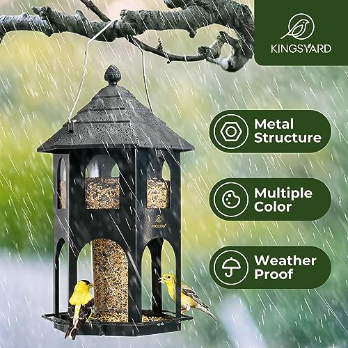 Kingsyard Metal Bird Feeder for Outdoor Hanging, Wild Bird Feeders with Circular Perch, Easy to Clean & Refill, 4 lbs Large Seed Capacity, Black - color: Black