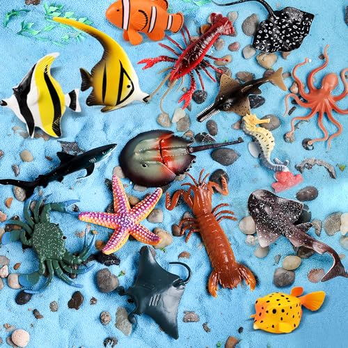 Sea Animals Toys Figures 21Pcs, Plastic Marine Creature Shark Fish Starfish Crab Lobster Octopus Seahorse Coral Jellyfish Ocean Life for Kids Birthday Party Favor Cake Decoration - style: Sea