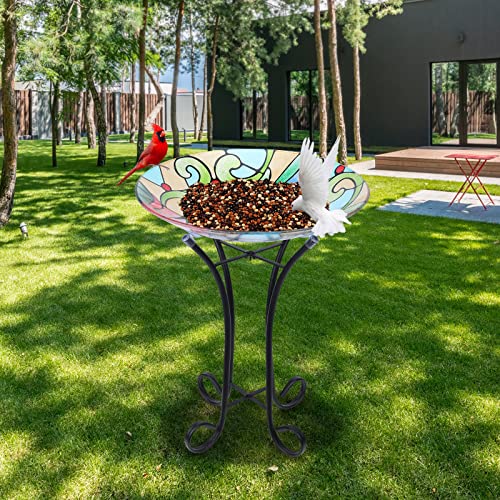 MUMTOP Glass Bird Bath Outdoor with Metal Stand, Garden Feeder, Hummingbird | Glass Large Bird Baths Bowl with Metal Stand for Outdoors, Hummingbird Patterns Bird Feeder for Outside Garden, Patio Decor