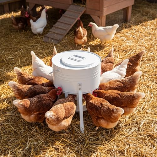 KOL Metal Chicken Feeder - 20lbs No Waste Chicken Feeder with 12 Ports, Powder Coated Rust-Proof Design & Smooth Edges for Safe Feeding (Jade White) - color: Jade White