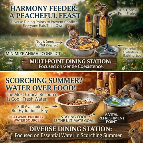 2 Bowls Squirrel Food&Water Feeder, Metal Chew-proof Squirrel Feeders for Outside, Picnic Table with 2 Corn Cob Holders - Removable Smart Drainage 304 Bowl+Bird Water Bowl&Seed Tray-Tree Mounted - color: 2-Bowls Feeder
