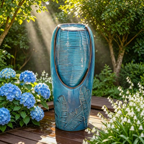 Autodaya 33" H Ceramic Jar Outdoor Water Fountain, Banana Leaf-Texture | Artisan High-Fired Glaze, Warm Ambient LED Lighting, Upgraded Pump, Soothing Cascading Water Feature For Garden Patio Yard - color: 32"h-leaf Pattern Teal Blue Glaze