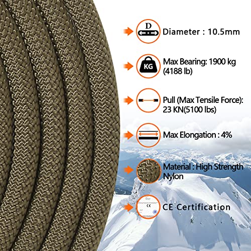 AOLEBA 10.5 mm Static Climbing Rope 10M(32ft) 20M(64ft) 30M(96ft) 50M(160ft) 70M(230ft) Outdoor Rock Climbing Rope, Escape Rope Ice Climbing Equipment Fire Rescue Parachute Rope - color: Brown, size: 32ft