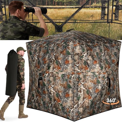 TLC Sport Hunting Blind with Carrying Bag, 270/360 Degree See Through Ground Blind, Pop Up Hunting Tent Portable Concealed Camouflage Tent for 2/3/4 Person - size: 2-3 Person