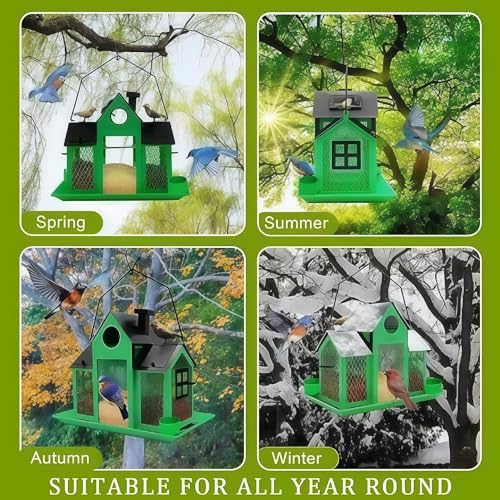 Solar Bird Feeders House for Outside Hanging, Metal Wild Bird Feeder for Outdoors Large Capacity Cardinal Birdfeeder Birdhouses Metal Bird Feeding Station Green - color: green