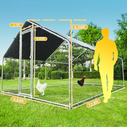 Large Metal Chicken Coop, Chicken Runs for Yard with Cover Walk-in Poultry Cage for 10 20 Chickens, Chicken Pen Duck Coop with Water-Resident Top and Feeding Door, Spire Hen House 12.8Lx9.84Wx6.6H FT - size: 153.6"L x 118.0"W x 79.2"H