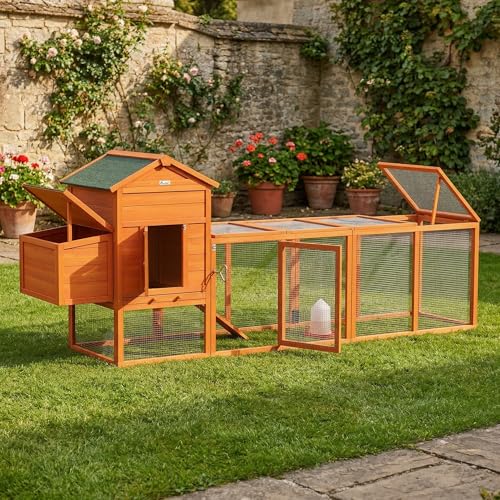 PawHut 118" Extra Large Chicken Coop Asphalt Roof for 3-6 Chickens Orange | Wooden Hen Run, Slide-Out Tray, Nesting Box, Hen Hutch - color: Orange