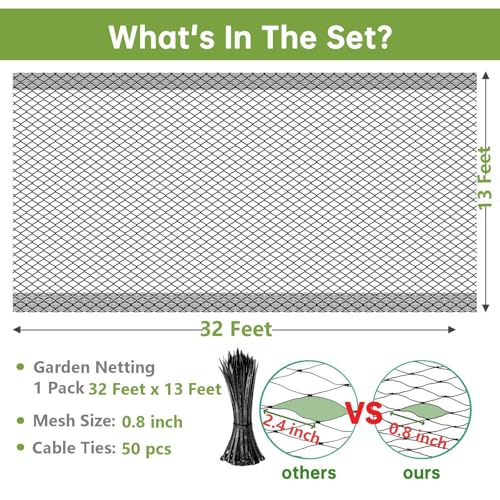 13x32FT Garden Bird Netting, Anti Bird Netting for Fruit Trees, 0.8" Mesh | Bird Netting for Garden, Netting for Garden Protection, Deer Netting, Deer Fence for Garden, 50 Cable Ties