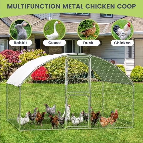 Large Metal Chicken Coop, Dome Shape Chicken Coop with Double Door, Chicken Run with Waterproof and Anti-UV Cover for Outdoor Farm Yard (6.5'L x 9.8'W x 6.6'H)