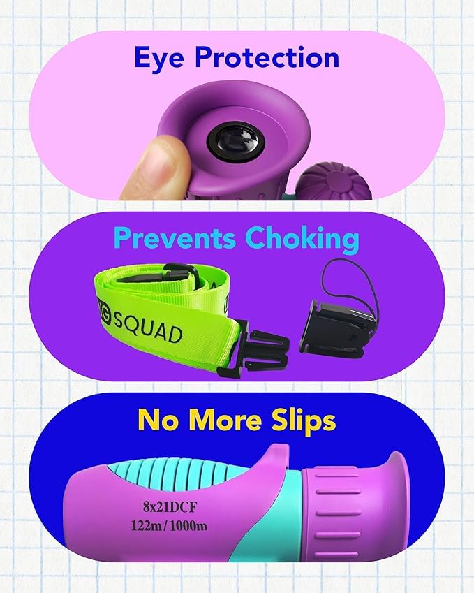Kids Binoculars Ages 3-12, 8x21 Compact Shockproof Pink | bird watching, camping, hiking, stargazing, includes carry case, neck strap, compass, carabiner, high resolution optics - color: Pink/Blue