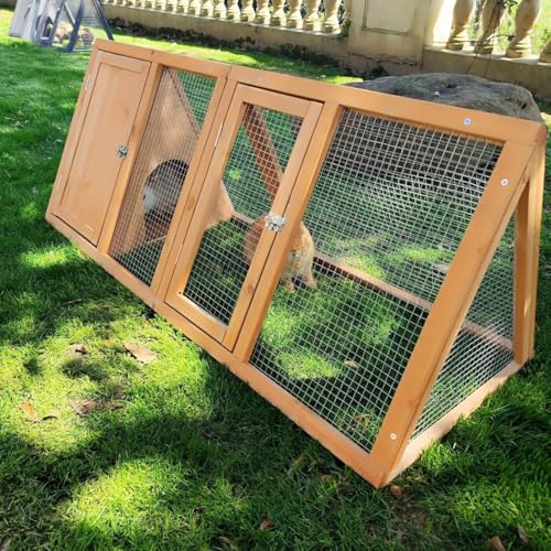 Rabbit Hutch Outdoor Chicken Coop Run A-Frame Bunny Cage Wooden Quail Cage w/ 2 Door & Ventilated Wire Fence Small Animal Cage for Garden Backyard Farms 47 x 18 x 19.5 in - color: Wood