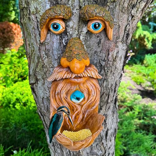 Mood Lab Tree Face Decor with Blue Bird Accent - Outdoor Old Man Face Decoration - Tree Garden Hugger - Yard Art Statue