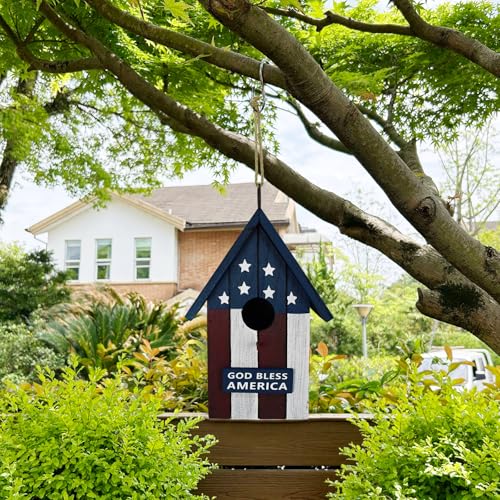 Patriotic Wood Bird House for Outside, US Flag Garden Decorative Wooden Bird House Hanging Birdhouse Home for Wrens and Small Birds