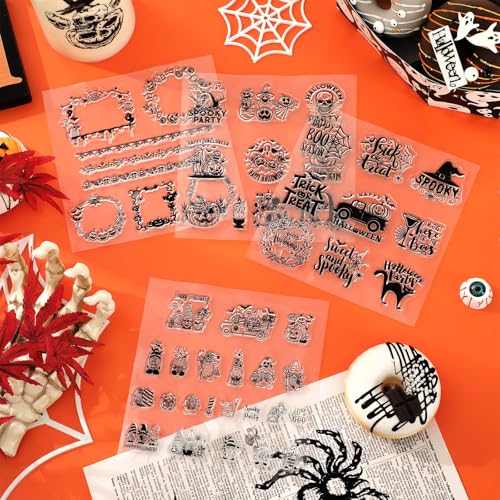 Whaline 5 Sheets Halloween Clear Stamps Gnome Pumpkin Spider Silicone Transparent Stamps Trick or Treat Border Stamp Cards for DIY Card Making Scrapbooking Embossing Album Decor - style: Halloween