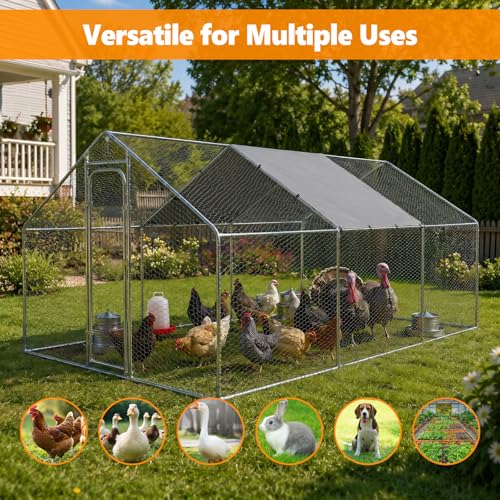 Metal Chicken Coop with Waterproof Pitched Roof, 19.7×9.8×6.4ft | Thickened Steel Frame, Predator-Proof Wire, Weatherproof & UV Resistant Cover, Detailed Assembly Guide & Tool Kit - size: 236.4"L x 118.1"W x 76.8"H