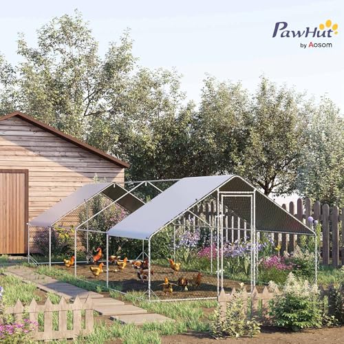 PawHut Large Chicken Coop Metal Chicken Run with Waterproof and Anti-UV Cover, Spire Shaped Walk in Fence Cage Hen House for Outdoor and Yard Farm Use, 1" Tube Diameter, 9.8' x 26.2' x 6.6' | Metal Chicken Run, Lockable Door, Spire Shaped Walk in Hen Hous