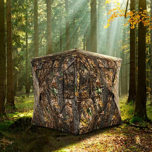 Tangkula 3 Person Pop up Ground Blind, Portable Hunting Blind with Mesh Windows, Carrying Bag & Ground Stakes, Camouflage Hunting Tent with Hub System, Camo Deer Blinds for Hunting - style: Trapezoidal window