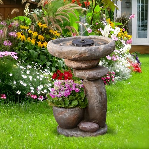 Solar Fountain for Bird Bath, Water Fountain Outdoor with Planter, Freestanding Rock Solar Waterfall with LED Lights for Garden, Patio, Yard - color: Gray-28 in