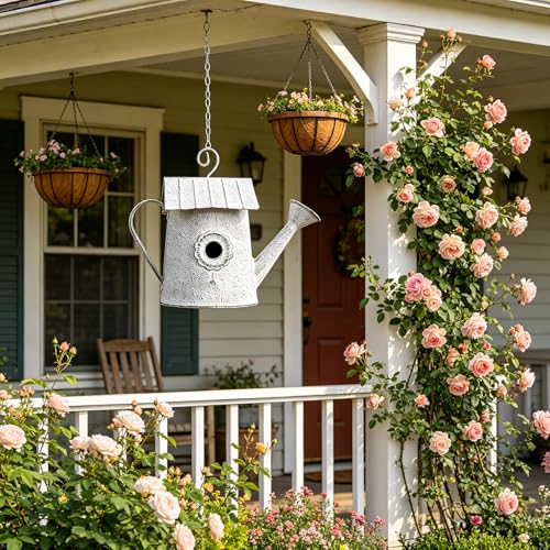 Vintage Metal Hanging Birdhouse, Decorative Bird House in Watering Can Design with Flower Accent, Rustic White Finish, Ideal for Garden and Outdoor Decor - color: White-Watering Can