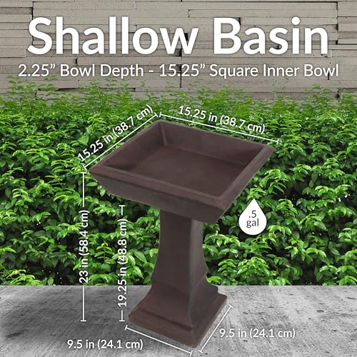 Sunnydaze Square Concrete Bird Bath for Outdoors, 23” H, Brown | Glass Fiber Reinforced Concrete, Easy Assembly, Bird Bath Bowl Holds ½ Gal of Water, Heavy-Duty Cement Bird Bath for Outside - color: Brown