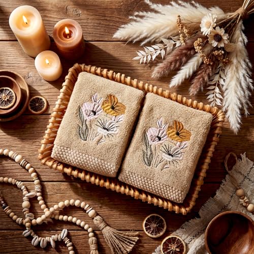 SmoothNovelty 2 Pcs Neutral Boho Floral Hand Towels for Bathroom 14x29 Inch | Embroidered Boho Flower Bathroom Hand Towels, 100% Cotton, Soft Absorbent, Spring Summer Khaki Bathroom Kitchen Decor - style: Neutral Boho Floral