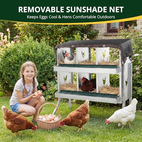 6-Compartment Roll Away Chicken Nesting Box with Legs,Lid & Perch | Pre-installed nuts, Fast assembly, galvanized steel, rounded edges, sunshade cloth + vents, wall mount or floor use