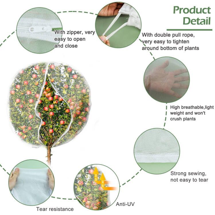 8 x 6.6ft Large Fruits Tree Netting, Garden Mesh Insect Tree Cover with Zipper Drawstring Bird Barrier Net Plant Bags Blueberry Bushes Protection Plant Cover for Prevent Animals Deer Squirrel Bug - size: 8 x 6.6Ft/ 1pcs/ zipper