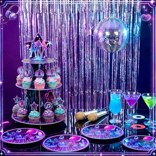 3 Tier Kpop Party Decorations Korean Pop Cupcake Stand Decoration Kpop Singer Theme Cupcake Tower Music Cake Holder Table Display for Korean Pop Singer Birthday Party Decoration Supplies - style: Kpop
