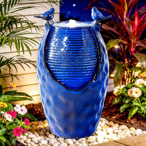 Autodaya 25" Ceramic Jar Outdoor Water Fountain with Hammered Texture | Bird-Friendly Decorative Garden Water Feature with ambiant lighting, Soothing Trickling Waterfall for Patio Backyard Oasis - color: 23.5"h-honeycomb Pot Cobalt Blue Glaze