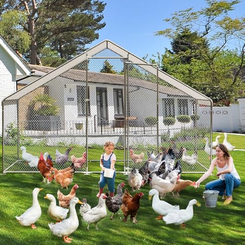 Large Metal Chicken Coop, Large Chicken Run, Walk-in Poultry Cage with Waterproof and Anti-UV Cover for Outdoor Yard Farm Use (9.8' L x 6.5' W x 6.6' H)