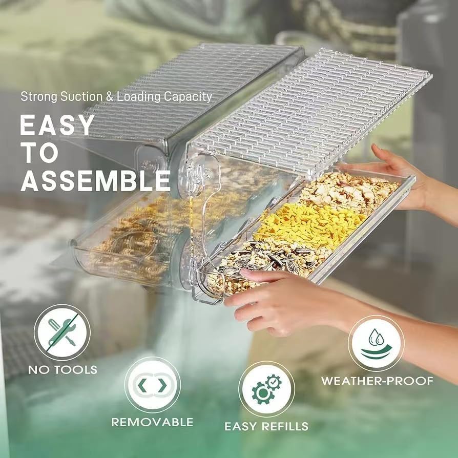 Window Bird Feeder for Outdoors with Large Feeding Trays, Clear Window Mounted Bird House with Strong Suction Cups, Weatherproof Watching Station for Garden