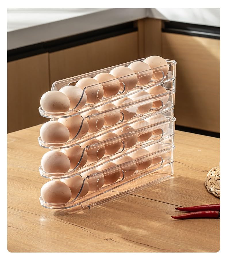 Egg Holder for Fridge,Stackable 1-4 Tiers Container,Auto Rolling Fridge Organizer for Refrigerator,Space-Saving Dispenser Holder,Refrigerator Egg Rack Transparent (4Packs)