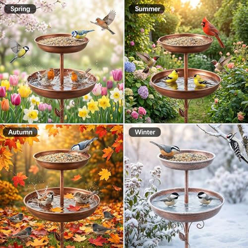 Metal Bird Bath for Outside, 47'' Adjustable Standing Bird Feeder for Outdoors, 2 in 1 Metal Birdbaths & Birdfeeder, Vintage Bird Bath Feeder Bowl, Bird Baths Water Bowl with Stable 5-Pronged Base