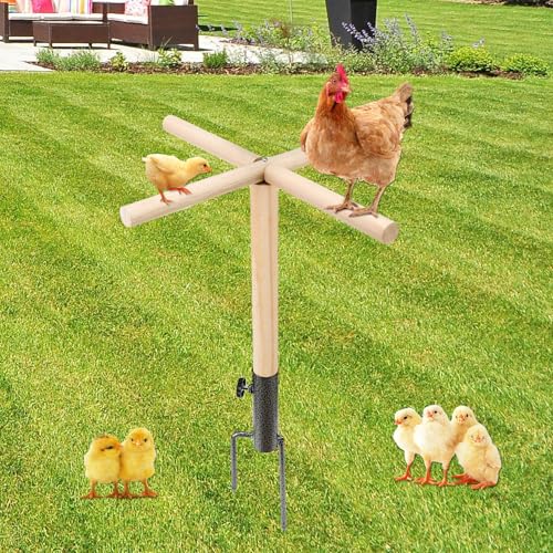Chicken Perch Toys for Coop, Chick Perch Stand Wooden with Metal Ground Plug, Reusable Chicken Roosting Bar Ladder Backyard Playground Toys Suitable for Poultry Rooster Chicks Bird Parrot - size: 16.5*16.5 inchs